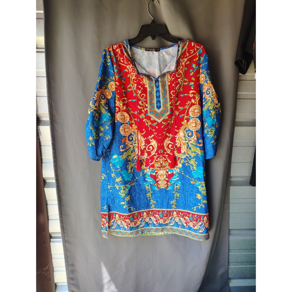 Urban Coco Womens Boho Tassel V-Neck Tunic Top Blue Red Floral Paisley Print M